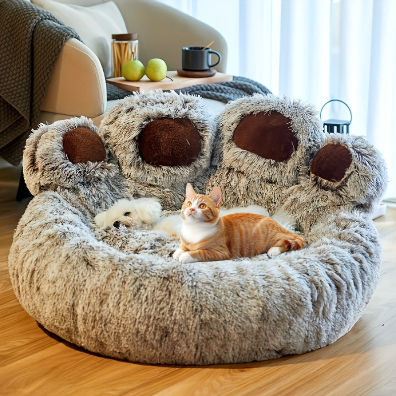 [Cozy | Plush] Soft Faux Fur Cozy Plush Paw-Shaped Pet Bed | Non-Slip Bottom, Warm and Comfortable Gray Round Sofa Bed | for Small to Medium Dogs and Cats, Winter Snuggling, Small Dog Bed