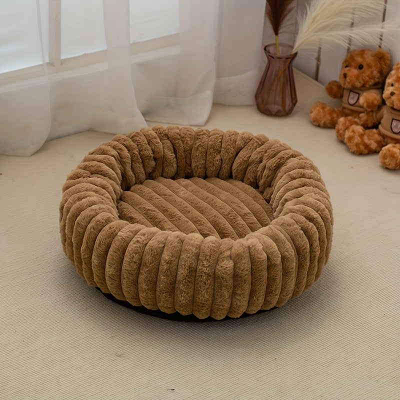 1Psc Circular Plush Pet Bed, High-Density Polypropylene, Striped Design, Warm Winter Dog Bed, Suitable for Super Small to Large Dogs, Comfortable Circular Cat Bed