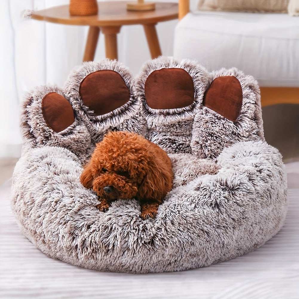 [Cozy | Plush] Soft Faux Fur Cozy Plush Paw-Shaped Pet Bed | Non-Slip Bottom, Warm and Comfortable Gray Round Sofa Bed | for Small to Medium Dogs and Cats, Winter Snuggling, Small Dog Bed
