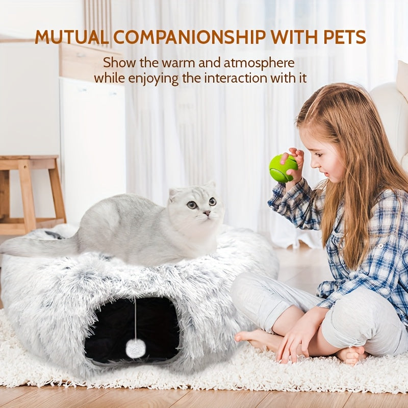 Cat Tunnel Bed with Center Washable Cushion - Large Cat Tunnel Tubular Toy, 3 Shapes for Indoor Cats, Kittens, Puppies, Ferrets Play, Round Plush Cat Bed with Tunnel - Gray