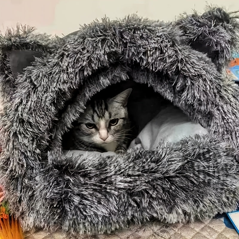 1pc Winter Warm Fleece Cat Cave, Polyester Fiber Plush Pet Bed, Cozy Indoor Hideaway for Small to Medium Cats and Dogs, Windproof 360° Thermal Comfort, Non-Assembled Cat House
