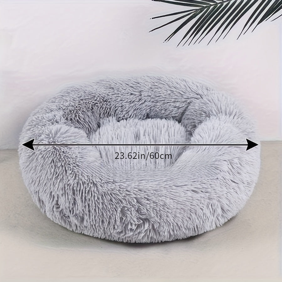 [Cozy Pet Bed for Cats & Dogs] Cozy Gray Striped Plush Pet Bed - A Warm, Deep-Sleep Round Nest with Filling for Cats and Small Dogs