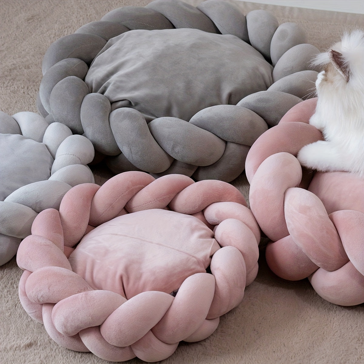 Handmade Round Pet Bed - Extra Large 22-Inch Detachable Cushion, Soft Polyester Fabric Bed for Cats, Dogs, Kittens - Easy-Clean Indoor/Outdoor Bed in Pink & Gray - Vintage Home Decor for Large Breeds, Bed for Dog, Cozy Design, Durable Construction