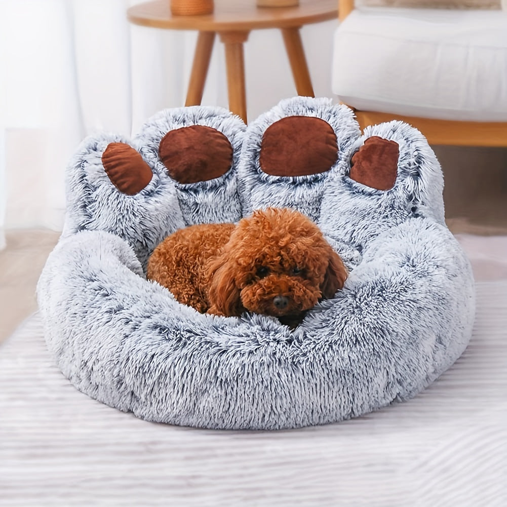 [Cozy | Plush] Soft Faux Fur Cozy Plush Paw-Shaped Pet Bed | Non-Slip Bottom, Warm and Comfortable Gray Round Sofa Bed | for Small to Medium Dogs and Cats, Winter Snuggling, Small Dog Bed