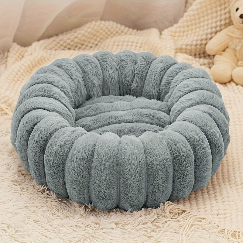 1Psc Circular Plush Pet Bed, High-Density Polypropylene, Striped Design, Warm Winter Dog Bed, Suitable for Super Small to Large Dogs, Comfortable Circular Cat Bed