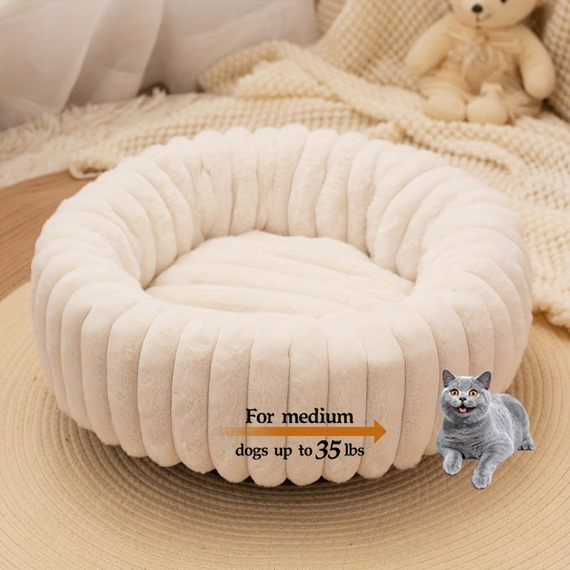1Psc Circular Plush Pet Bed, High-Density Polypropylene, Striped Design, Warm Winter Dog Bed, Suitable for Super Small to Large Dogs, Comfortable Circular Cat Bed