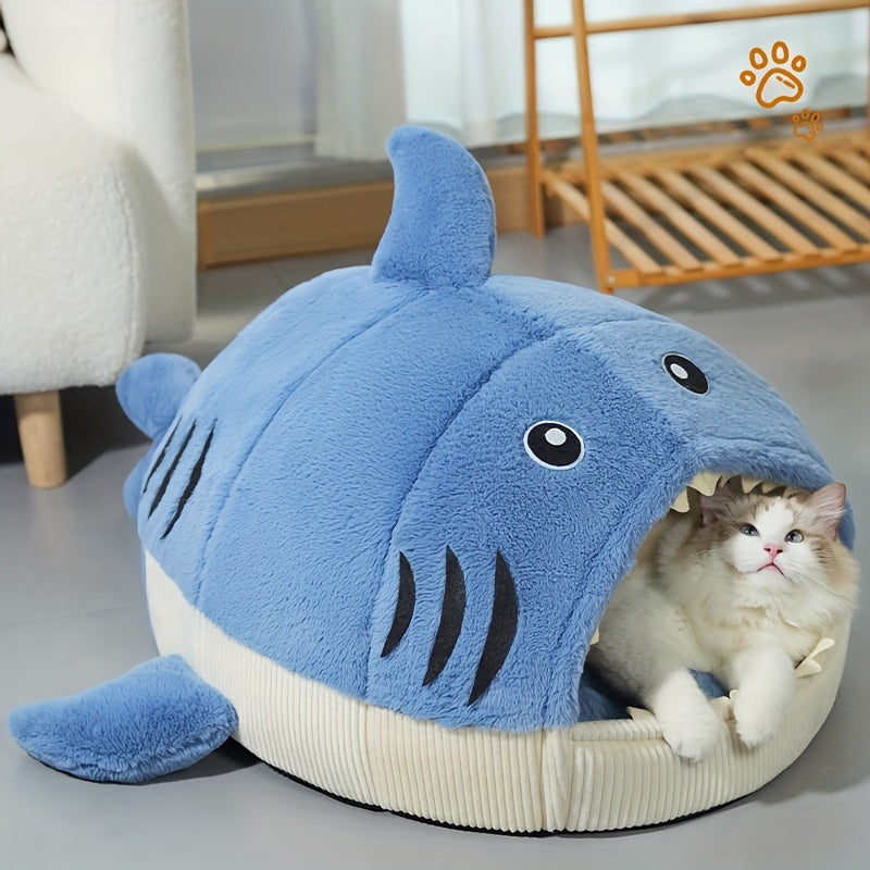 [Cozy Shark Pet Bed] Soft Modern Shark-Shaped Pet Bed - Cozy Thick Plush Winter Den for Cats & Small Dogs | Non-Assembled Durable Polyester with Paw Print Design, Soft Cushioned Interior for Indoor Pets