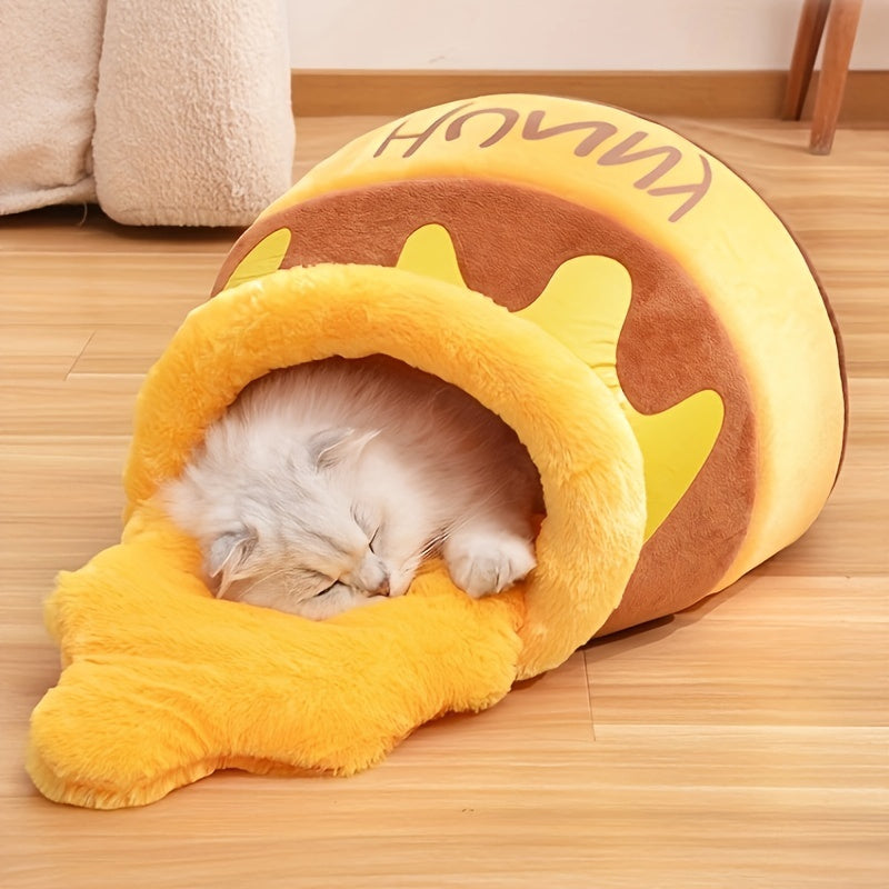[Cozy Cat Bed] Cozy Winter 1pc Honey Pot Shaped Cat Bed | Removable Washable Thick PP Pads, Contemporary Style Durable Soft Cat Nest for Indoor Cats, Perfect Gift for Pet Lovers