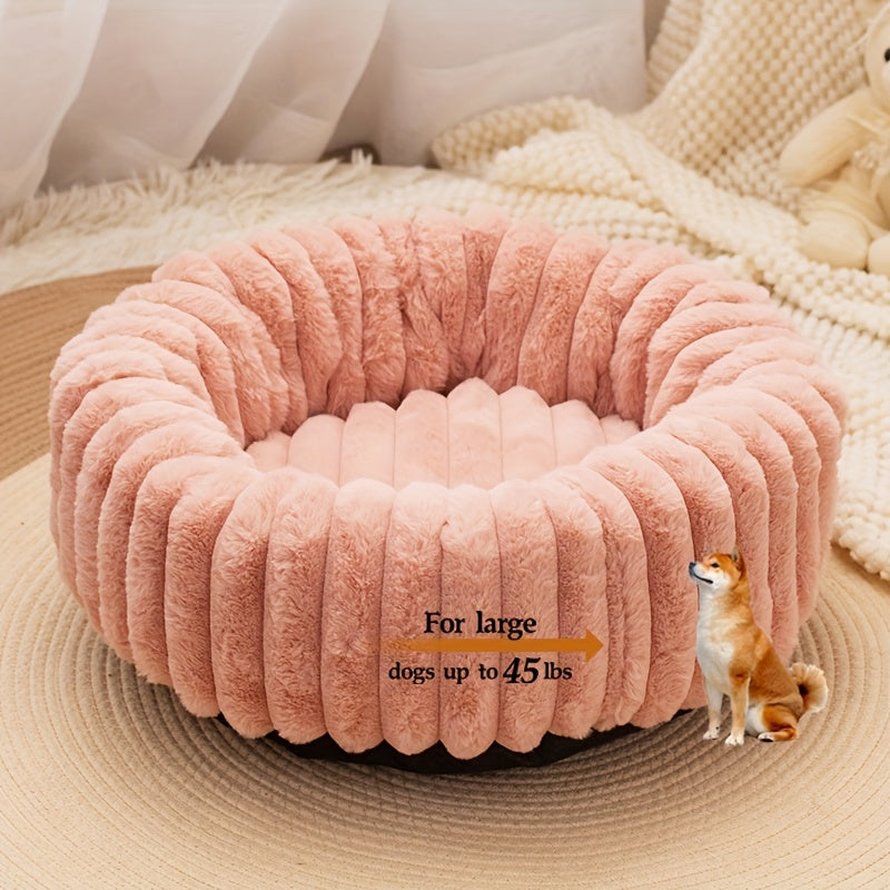 1Psc Circular Plush Pet Bed, High-Density Polypropylene, Striped Design, Warm Winter Dog Bed, Suitable for Super Small to Large Dogs, Comfortable Circular Cat Bed