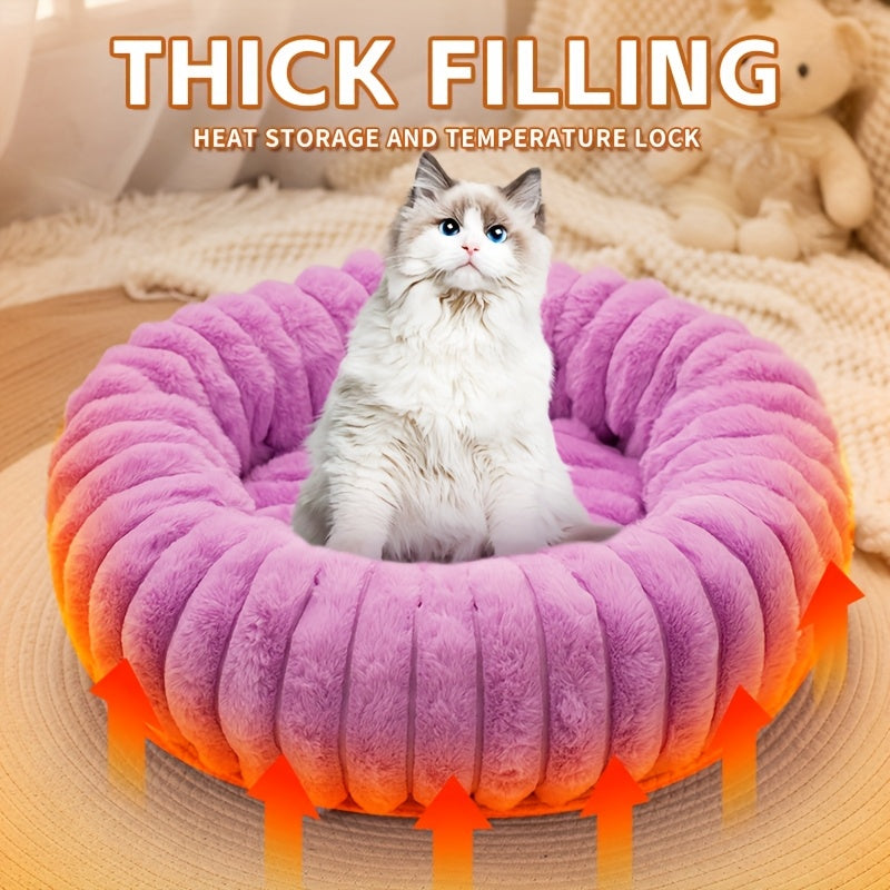 1Psc Circular Plush Pet Bed, High-Density Polypropylene, Striped Design, Warm Winter Dog Bed, Suitable for Super Small to Large Dogs, Comfortable Circular Cat Bed
