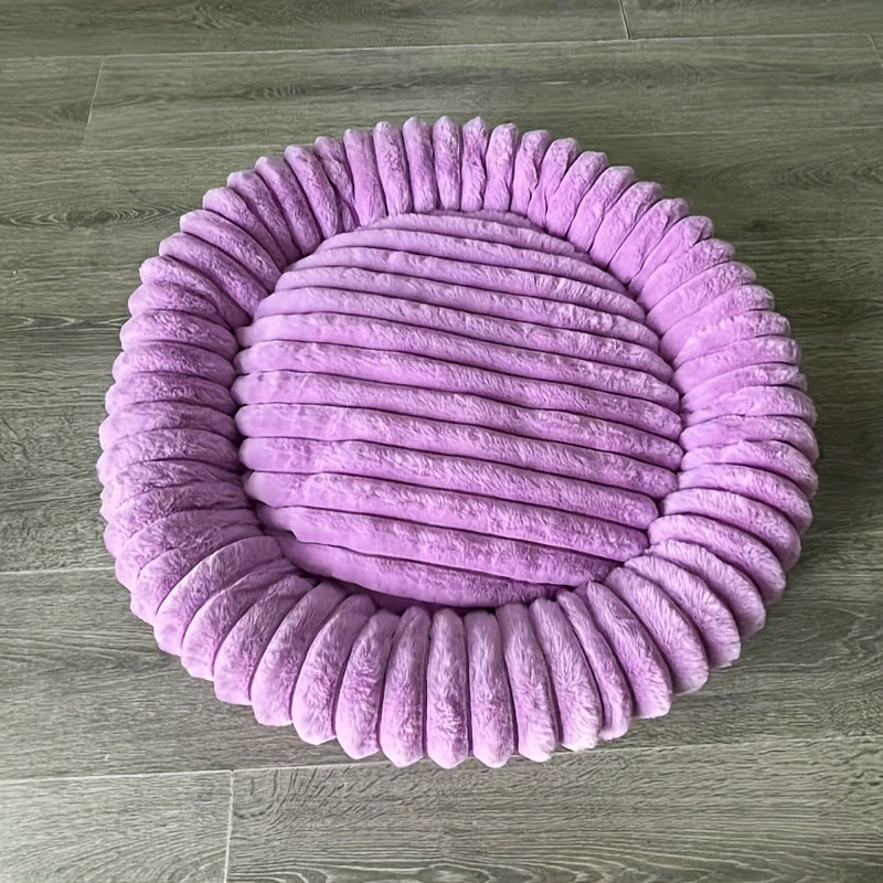 1Psc Circular Plush Pet Bed, High-Density Polypropylene, Striped Design, Warm Winter Dog Bed, Suitable for Super Small to Large Dogs, Comfortable Circular Cat Bed