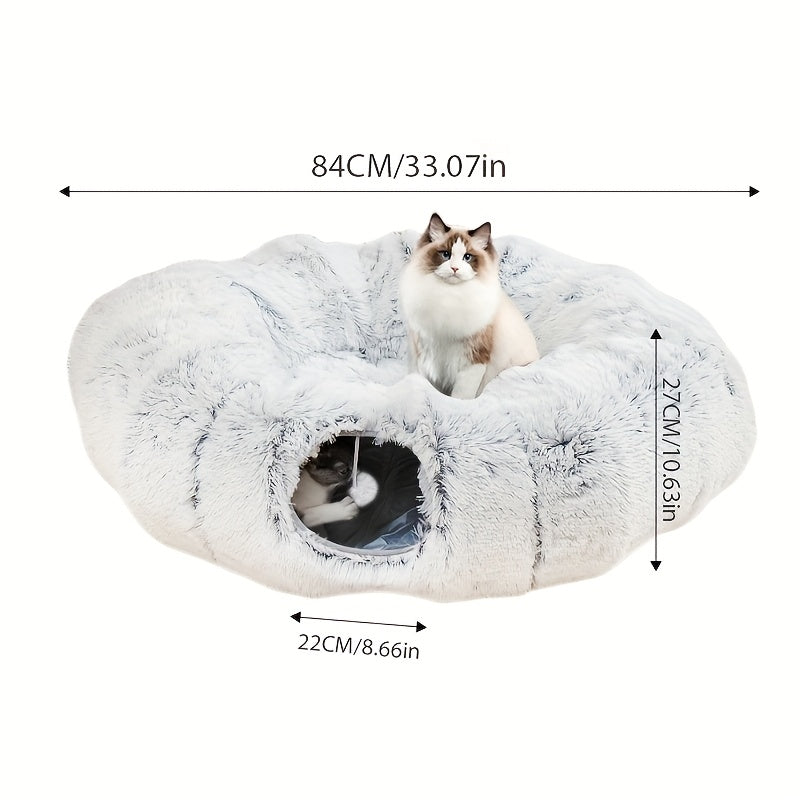 Cat Tunnel Bed with Center Washable Cushion - Large Cat Tunnel Tubular Toy, 3 Shapes for Indoor Cats, Kittens, Puppies, Ferrets Play, Round Plush Cat Bed with Tunnel - Gray