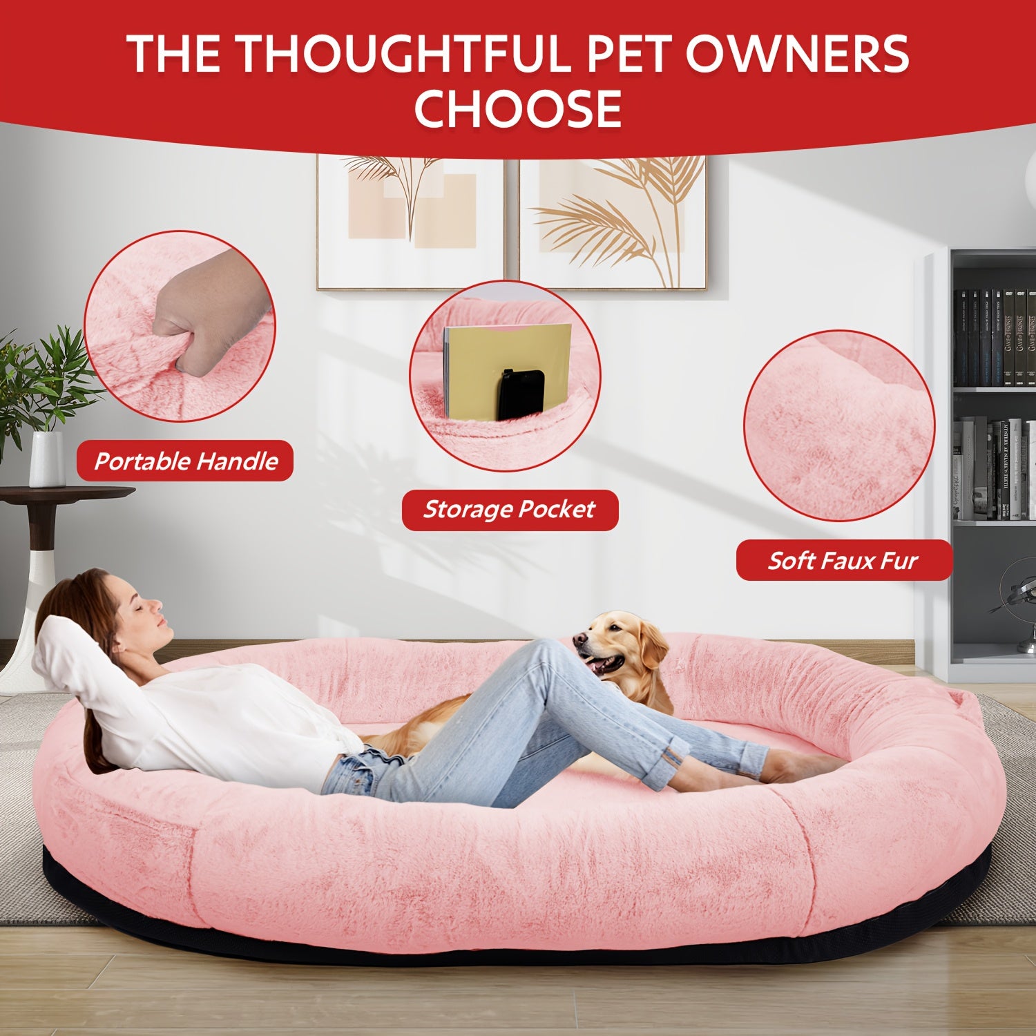 71" Large Orthopedic Dog Bed for Humans & Pets Plush Washable Faux Fur with Pillow & Blanket, Non-Slip Bottom for Dogs/Cats, Grey Luxury Pet Sofa, Small Dog Bed, Dog Sleeping Spot, Cat Lounger, Stylish Pet Accessory, Cozy Pet Sofa, Washable Fabric,