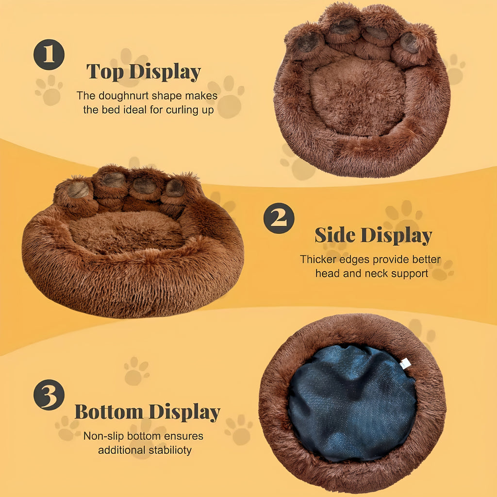 Extra Large Bear Paw Plush Pet Bed - Soft Faux Fur Round Dog & Cat Lounger, Warm Anti-SlipCushion For Small, Medium 8 Large Breeds, Cozy Donut Design For All Seasons