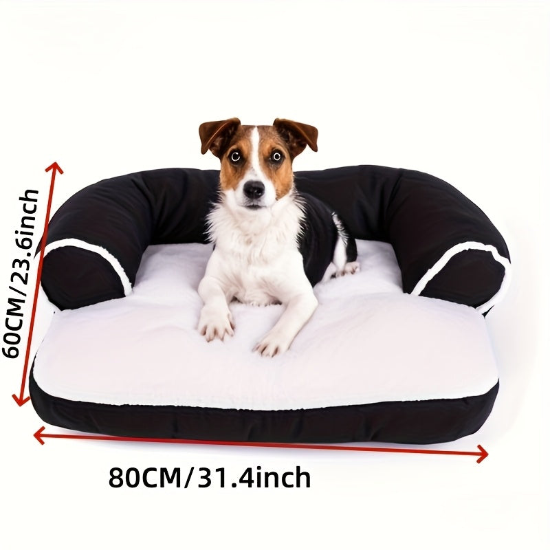 [Cozy Pet Sofa] 1pc Cozy Plush Pet Sofa Bed | Warm All-Season Dog & Cat Recliner with Removable Polyester Cushion, Black & White Design for Extra Small to Large Breeds, Perfect for Indoor Relaxation