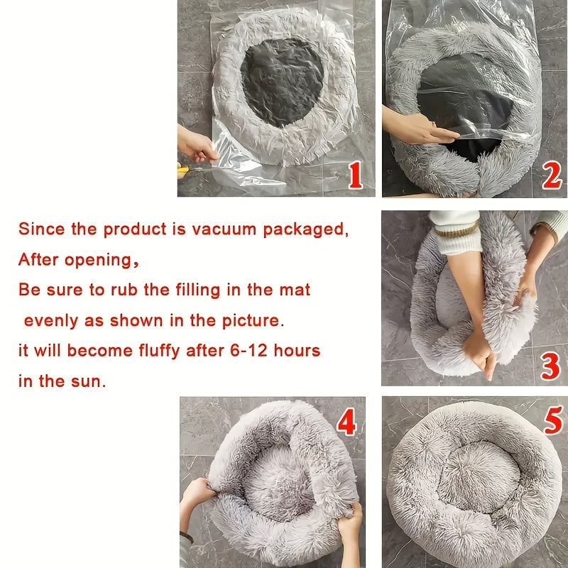 1pc Cozy Donut Cuddler Bed - Soft, Fluffy, Faux Fur, Warming, Plush Cushion for Small, Medium, Large Dogs And Cats - Multiple Sizes (15"/19"/23"/27"/31") for Ultimate Comfort And Relaxation, Dog Mats for Sleeping
