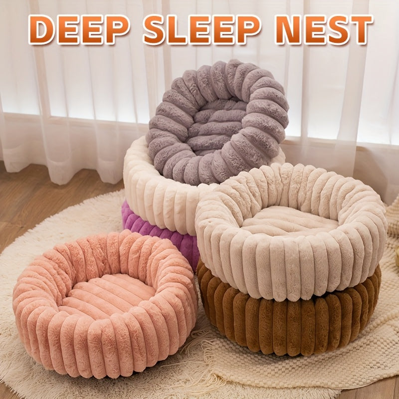 1Psc Circular Plush Pet Bed, High-Density Polypropylene, Striped Design, Warm Winter Dog Bed, Suitable for Super Small to Large Dogs, Comfortable Circular Cat Bed