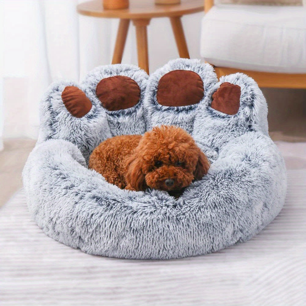 [Cozy | Plush] Soft Faux Fur Cozy Plush Paw-Shaped Pet Bed | Non-Slip Bottom, Warm and Comfortable Gray Round Sofa Bed | for Small to Medium Dogs and Cats, Winter Snuggling, Small Dog Bed