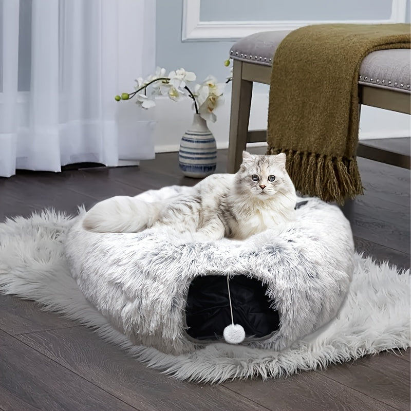 Cat Tunnel Bed with Center Washable Cushion - Large Cat Tunnel Tubular Toy, 3 Shapes for Indoor Cats, Kittens, Puppies, Ferrets Play, Round Plush Cat Bed with Tunnel - Gray