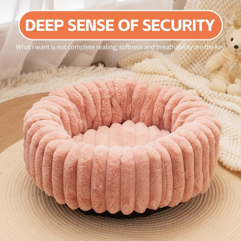 1Psc Circular Plush Pet Bed, High-Density Polypropylene, Striped Design, Warm Winter Dog Bed, Suitable for Super Small to Large Dogs, Comfortable Circular Cat Bed