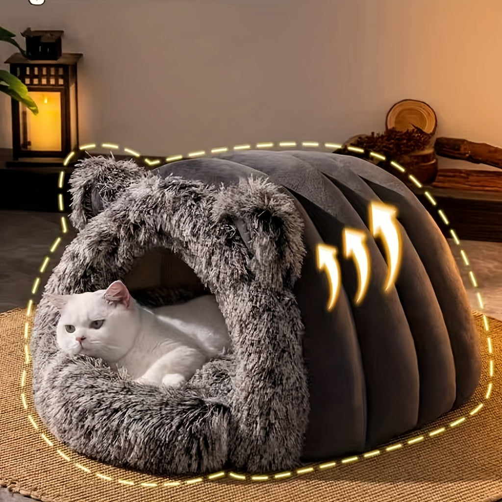 1pc Winter Warm Fleece Cat Cave, Polyester Fiber Plush Pet Bed, Cozy Indoor Hideaway for Small to Medium Cats and Dogs, Windproof 360° Thermal Comfort, Non-Assembled Cat House