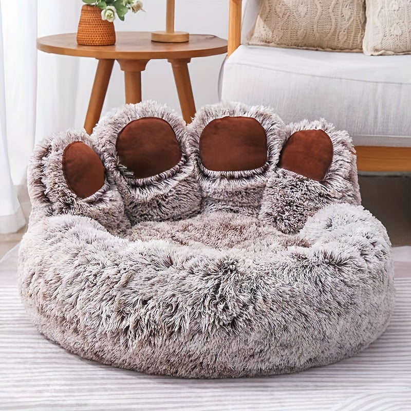 [Cozy | Plush] Soft Faux Fur Cozy Plush Paw-Shaped Pet Bed | Non-Slip Bottom, Warm and Comfortable Gray Round Sofa Bed | for Small to Medium Dogs and Cats, Winter Snuggling, Small Dog Bed