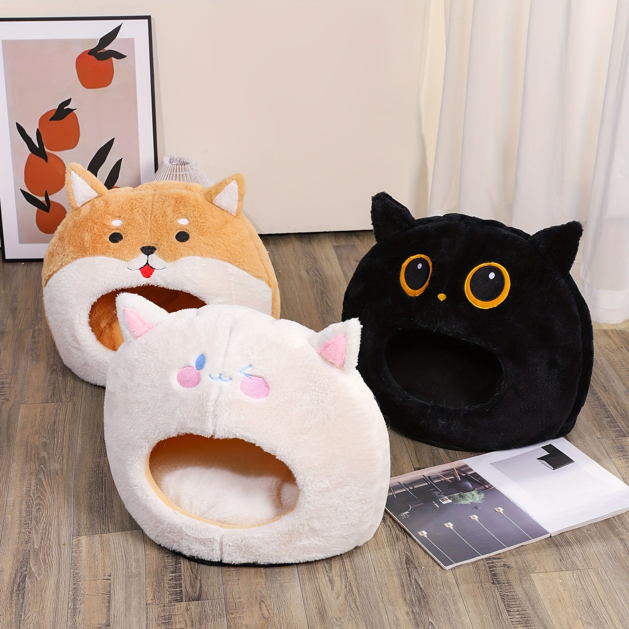 [Cozy Cartoon Pet Bed] Soft Cozy Cartoon Animal Pet Bed - Comfortable Sponge Nest for Small to Medium Cats & Dogs, All-Season Cat Kennel