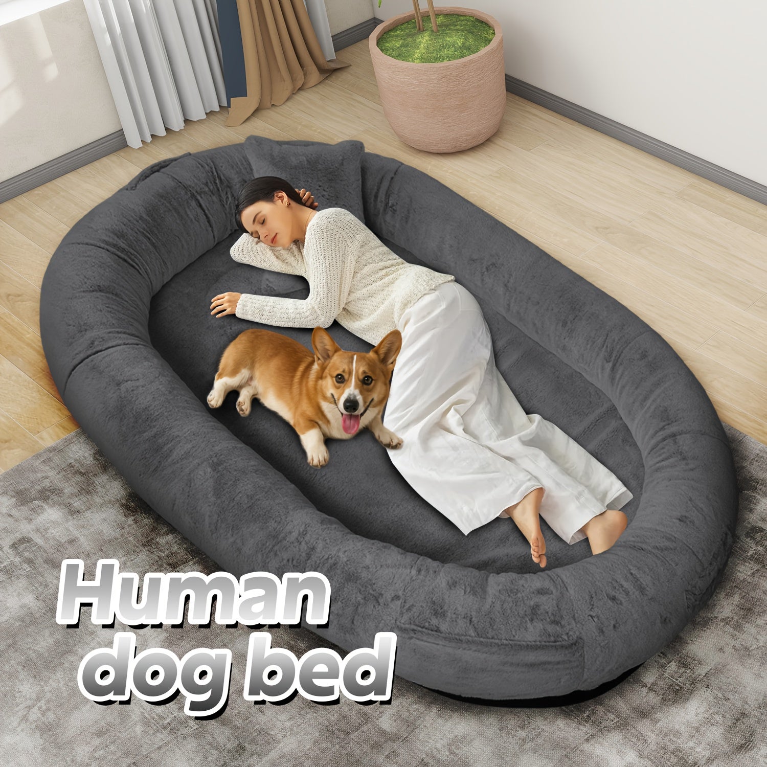 71" Large Orthopedic Dog Bed for Humans & Pets Plush Washable Faux Fur with Pillow & Blanket, Non-Slip Bottom for Dogs/Cats, Grey Luxury Pet Sofa, Small Dog Bed, Dog Sleeping Spot, Cat Lounger, Stylish Pet Accessory, Cozy Pet Sofa, Washable Fabric,