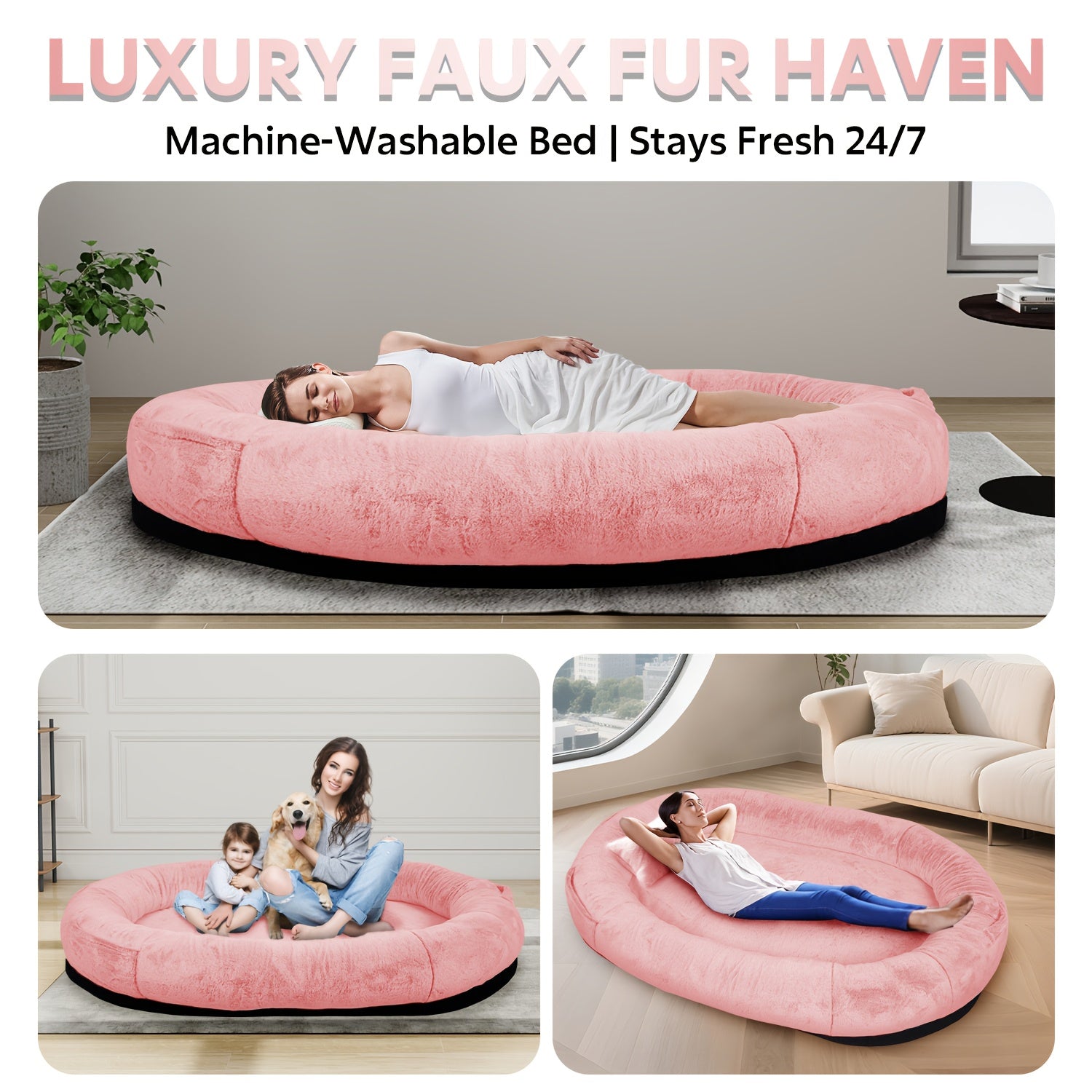 71" Large Orthopedic Dog Bed for Humans & Pets Plush Washable Faux Fur with Pillow & Blanket, Non-Slip Bottom for Dogs/Cats, Grey Luxury Pet Sofa, Small Dog Bed, Dog Sleeping Spot, Cat Lounger, Stylish Pet Accessory, Cozy Pet Sofa, Washable Fabric,