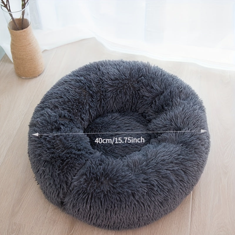 [Cozy Pet Bed for Cats & Dogs] Cozy Gray Striped Plush Pet Bed - A Warm, Deep-Sleep Round Nest with Filling for Cats and Small Dogs