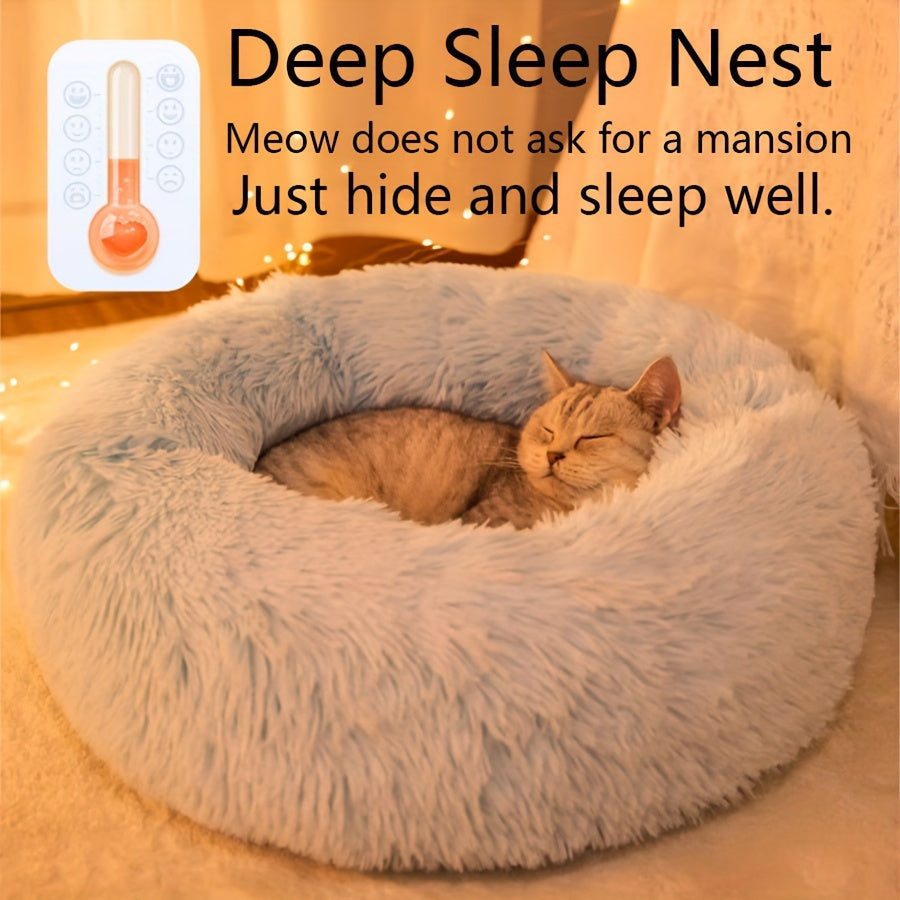 [Cozy Pet Bed for Cats & Dogs] Cozy Gray Striped Plush Pet Bed - A Warm, Deep-Sleep Round Nest with Filling for Cats and Small Dogs