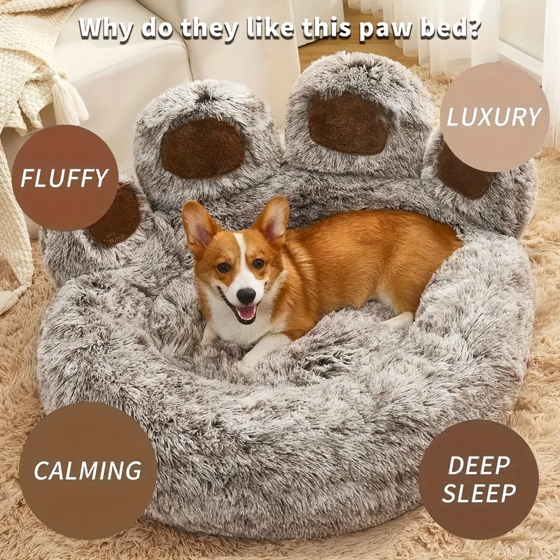 [Cozy | Plush] Soft Faux Fur Cozy Plush Paw-Shaped Pet Bed | Non-Slip Bottom, Warm and Comfortable Gray Round Sofa Bed | for Small to Medium Dogs and Cats, Winter Snuggling, Small Dog Bed
