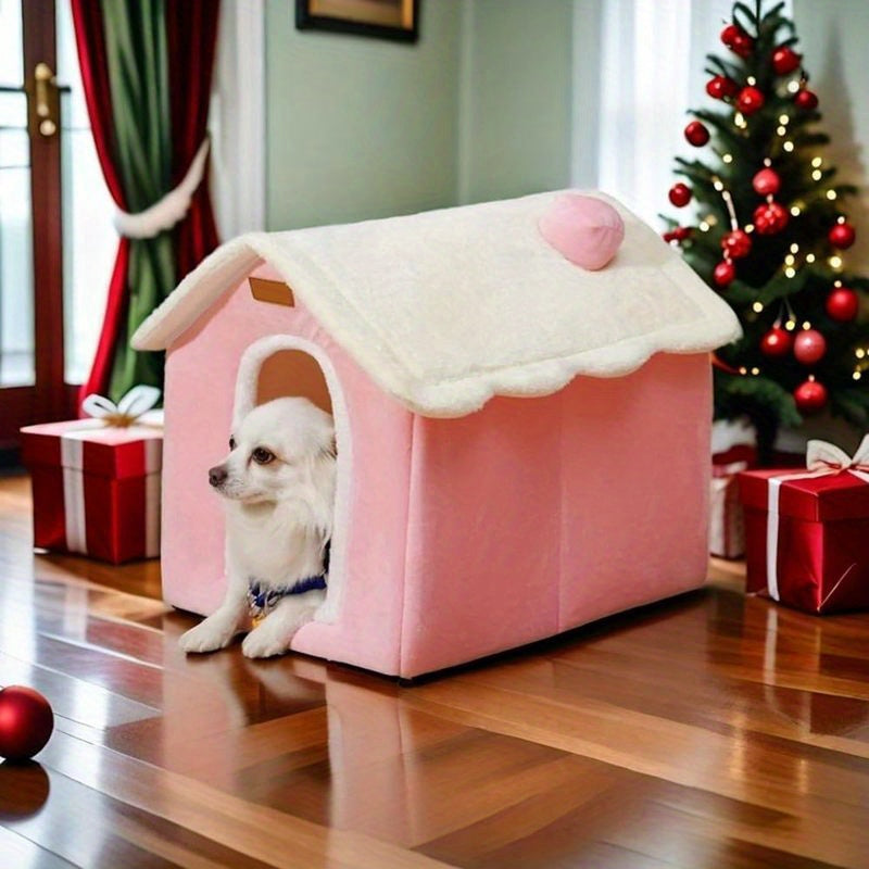 Foldable Dog House with Memory Foam Mattress - Pink & White, Cozy Winter Warmth for Small to Large Dogs & Cats, Indoor Pet Bed with Plush Cushion, Easy Assembly, Polyester Material, Pet Bedding | Cozy Pet House | Durable Pet Bed, Dog Bed