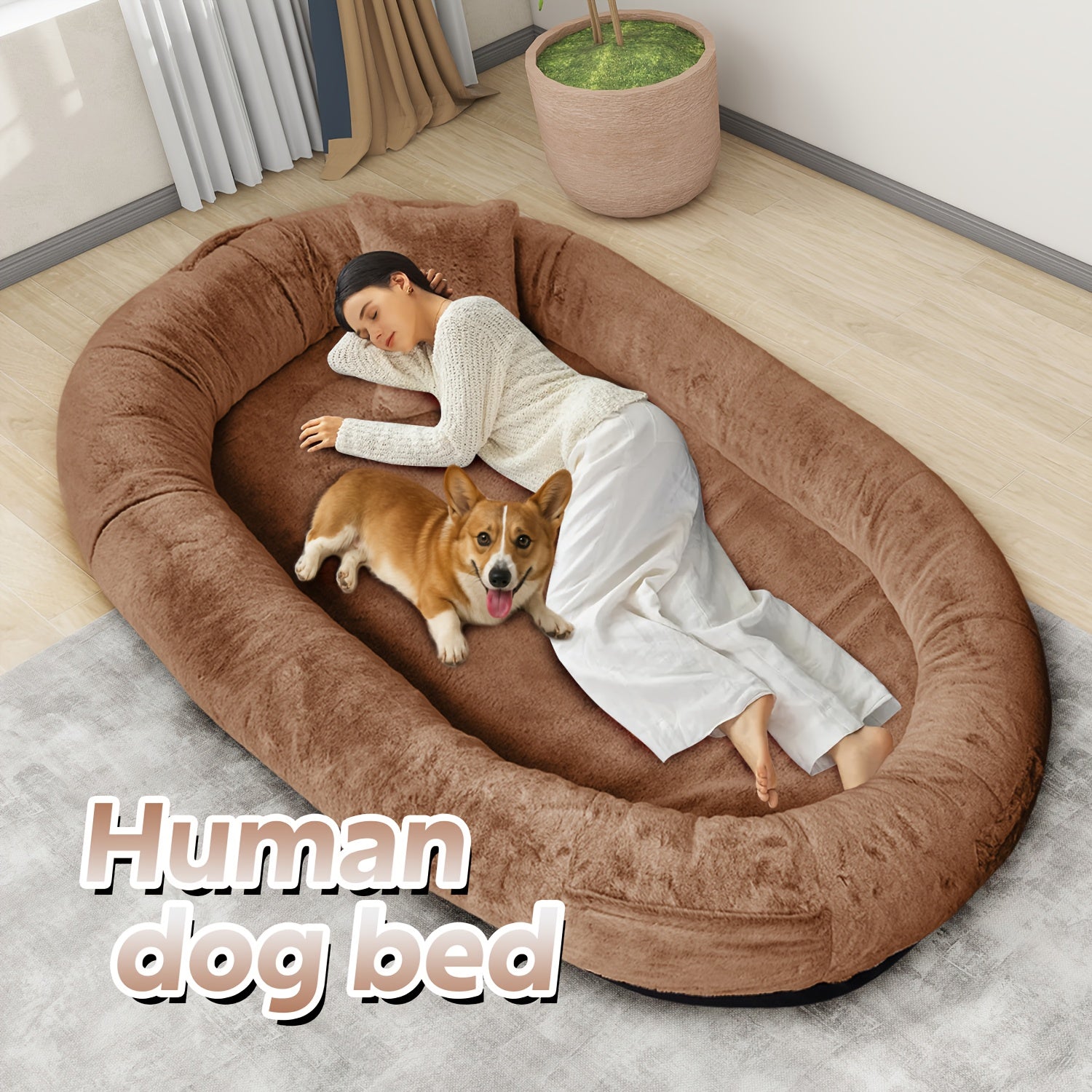 71" Large Orthopedic Dog Bed for Humans & Pets Plush Washable Faux Fur with Pillow & Blanket, Non-Slip Bottom for Dogs/Cats, Grey Luxury Pet Sofa, Small Dog Bed, Dog Sleeping Spot, Cat Lounger, Stylish Pet Accessory, Cozy Pet Sofa, Washable Fabric,