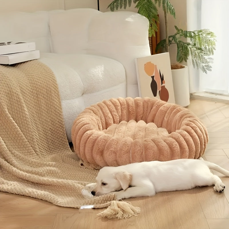 Soft & Cozy Plush Pet Bed for Small Dogs & Cats - Round, Warm Winter Nest with Soft PP Mat, Fluffy Wave Design in Pink, Beige, White & Gray, Machine Washable, All-Season Comfort, Pet Bed for Small Dogs