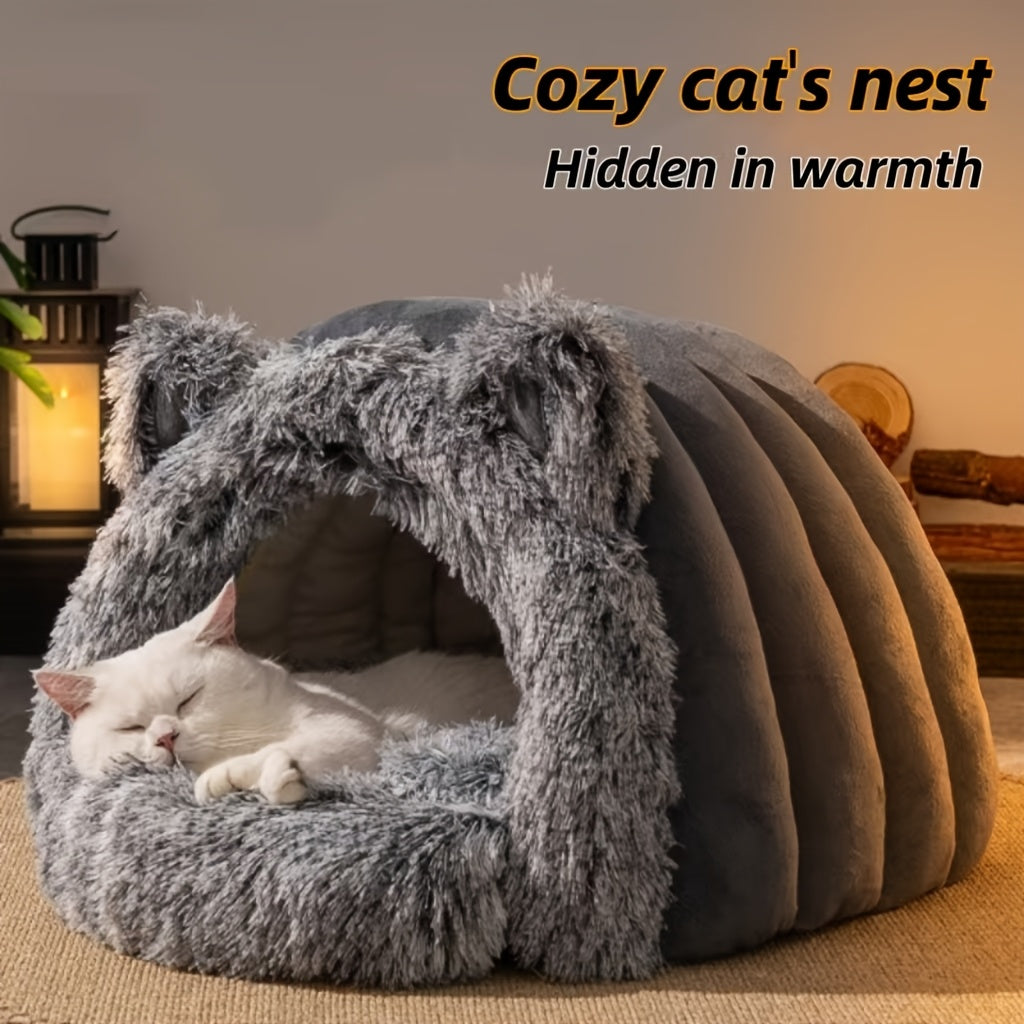 1pc Winter Warm Fleece Cat Cave, Polyester Fiber Plush Pet Bed, Cozy Indoor Hideaway for Small to Medium Cats and Dogs, Windproof 360° Thermal Comfort, Non-Assembled Cat House