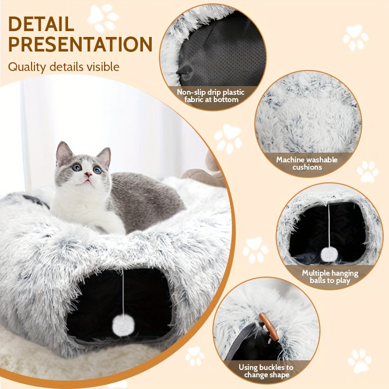 Cat Tunnel Bed with Center Washable Cushion - Large Cat Tunnel Tubular Toy, 3 Shapes for Indoor Cats, Kittens, Puppies, Ferrets Play, Round Plush Cat Bed with Tunnel - Gray