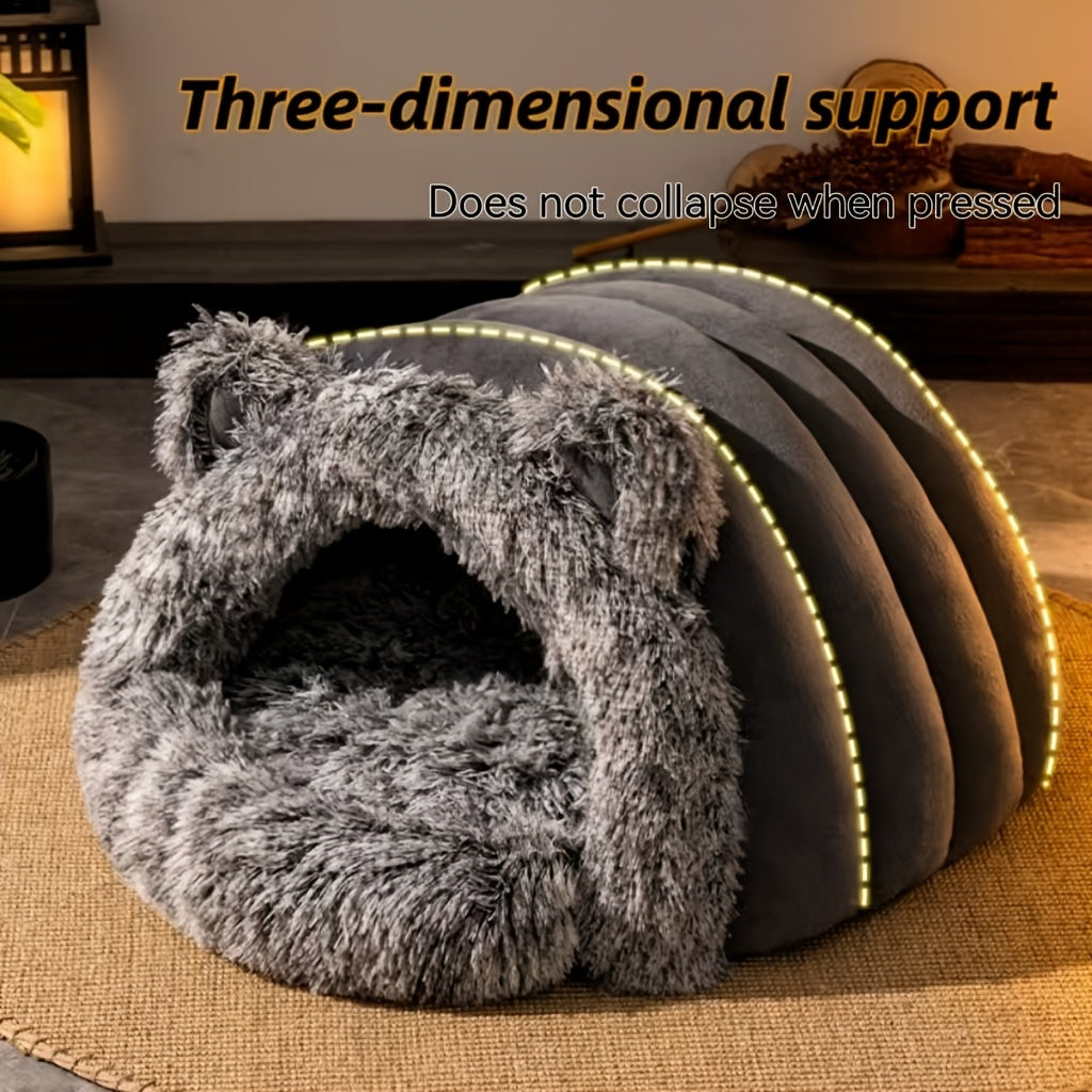 1pc Winter Warm Fleece Cat Cave, Polyester Fiber Plush Pet Bed, Cozy Indoor Hideaway for Small to Medium Cats and Dogs, Windproof 360° Thermal Comfort, Non-Assembled Cat House