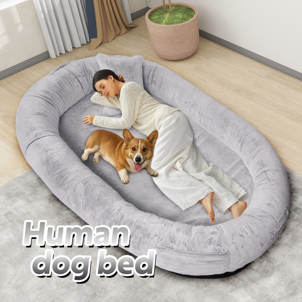 71" Large Orthopedic Dog Bed for Humans & Pets Plush Washable Faux Fur with Pillow & Blanket, Non-Slip Bottom for Dogs/Cats, Grey Luxury Pet Sofa, Small Dog Bed, Dog Sleeping Spot, Cat Lounger, Stylish Pet Accessory, Cozy Pet Sofa, Washable Fabric,