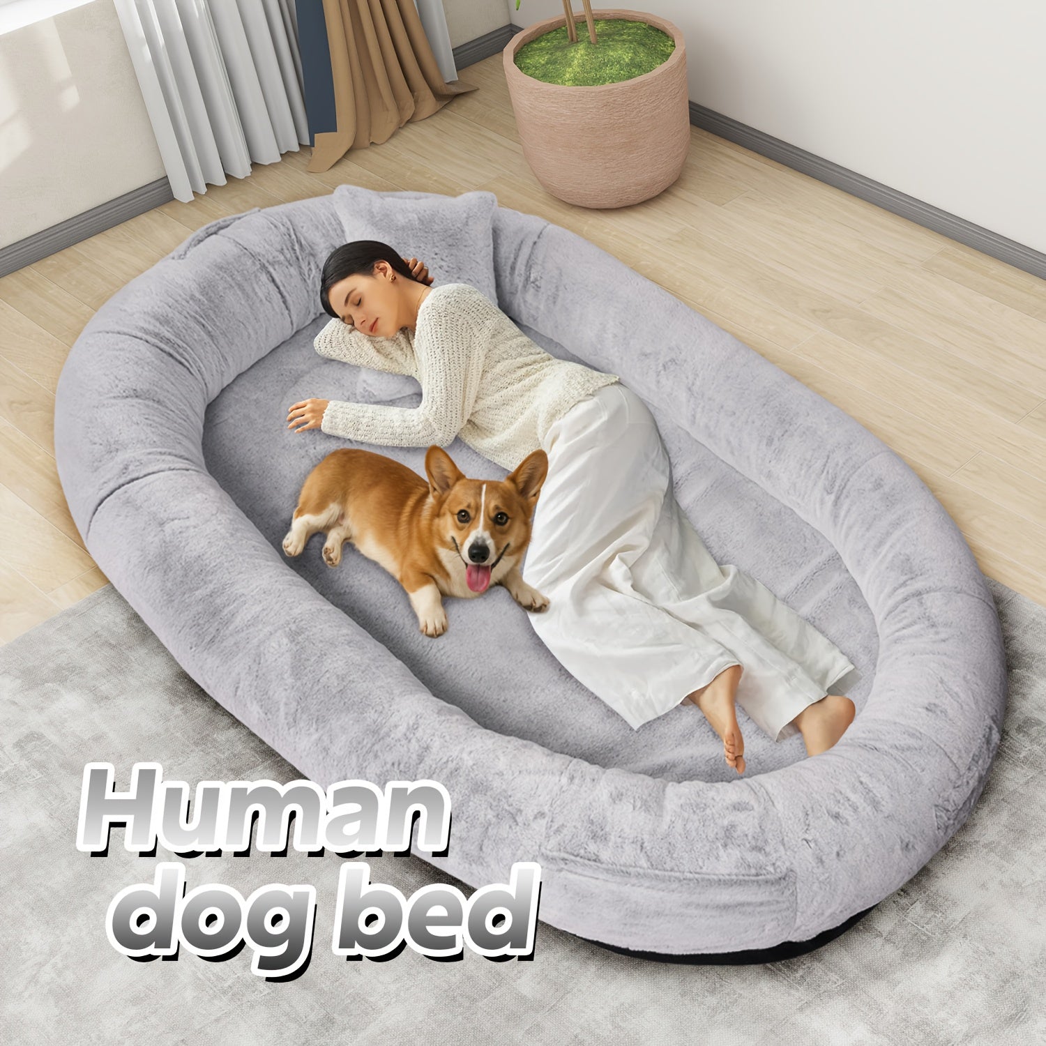 71" Large Orthopedic Dog Bed for Humans & Pets Plush Washable Faux Fur with Pillow & Blanket, Non-Slip Bottom for Dogs/Cats, Grey Luxury Pet Sofa, Small Dog Bed, Dog Sleeping Spot, Cat Lounger, Stylish Pet Accessory, Cozy Pet Sofa, Washable Fabric,