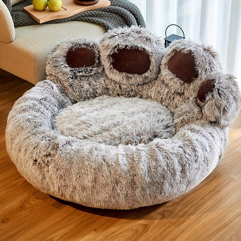 [Cozy | Plush] Soft Faux Fur Cozy Plush Paw-Shaped Pet Bed | Non-Slip Bottom, Warm and Comfortable Gray Round Sofa Bed | for Small to Medium Dogs and Cats, Winter Snuggling, Small Dog Bed