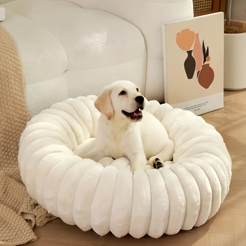 [Winter Warmth Pet Bed] Cozy Winter Warmth Luxurious Plush Round Pet Bed - Non-Slip Bottom, Polyester Fill, Ideal for Small to Large Breeds