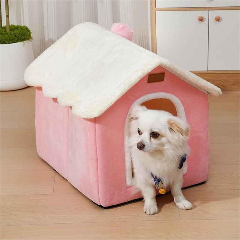 Foldable Dog House with Memory Foam Mattress - Pink & White, Cozy Winter Warmth for Small to Large Dogs & Cats, Indoor Pet Bed with Plush Cushion, Easy Assembly, Polyester Material, Pet Bedding | Cozy Pet House | Durable Pet Bed, Dog Bed