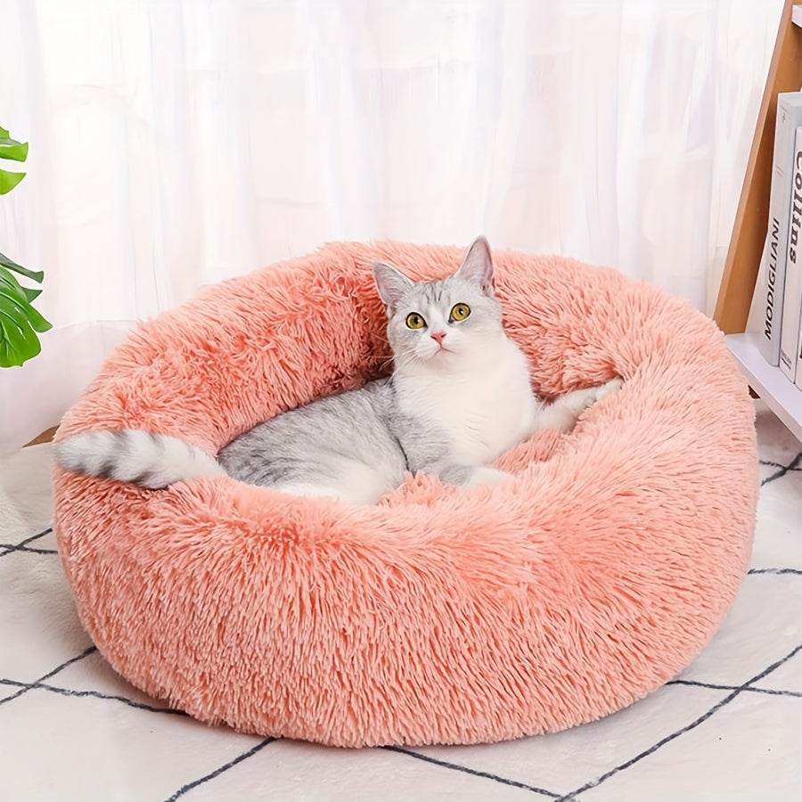 [Cozy Pet Bed for Cats & Dogs] Cozy Gray Striped Plush Pet Bed - A Warm, Deep-Sleep Round Nest with Filling for Cats and Small Dogs