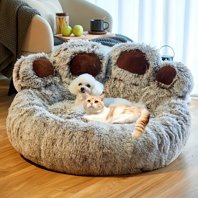 [Cozy | Plush] Soft Faux Fur Cozy Plush Paw-Shaped Pet Bed | Non-Slip Bottom, Warm and Comfortable Gray Round Sofa Bed | for Small to Medium Dogs and Cats, Winter Snuggling, Small Dog Bed