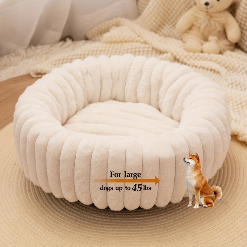 1Psc Circular Plush Pet Bed, High-Density Polypropylene, Striped Design, Warm Winter Dog Bed, Suitable for Super Small to Large Dogs, Comfortable Circular Cat Bed
