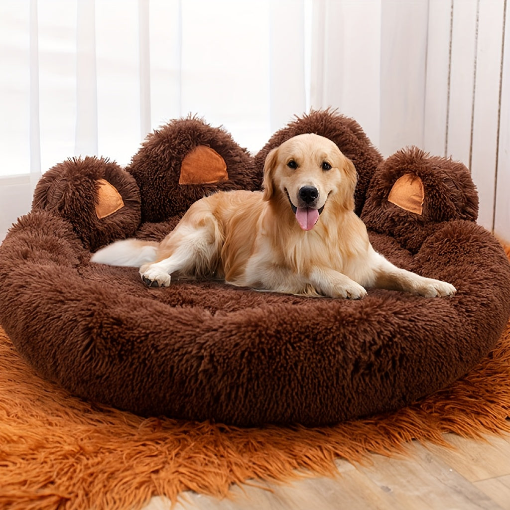 Extra Large Bear Paw Plush Pet Bed - Soft Faux Fur Round Dog & Cat Lounger, Warm Anti-SlipCushion For Small, Medium 8 Large Breeds, Cozy Donut Design For All Seasons