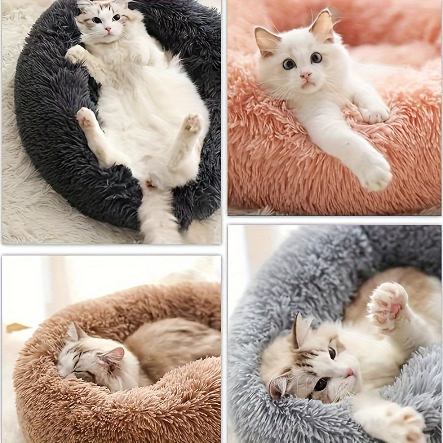 [Cozy Pet Bed for Cats & Dogs] Cozy Gray Striped Plush Pet Bed - A Warm, Deep-Sleep Round Nest with Filling for Cats and Small Dogs