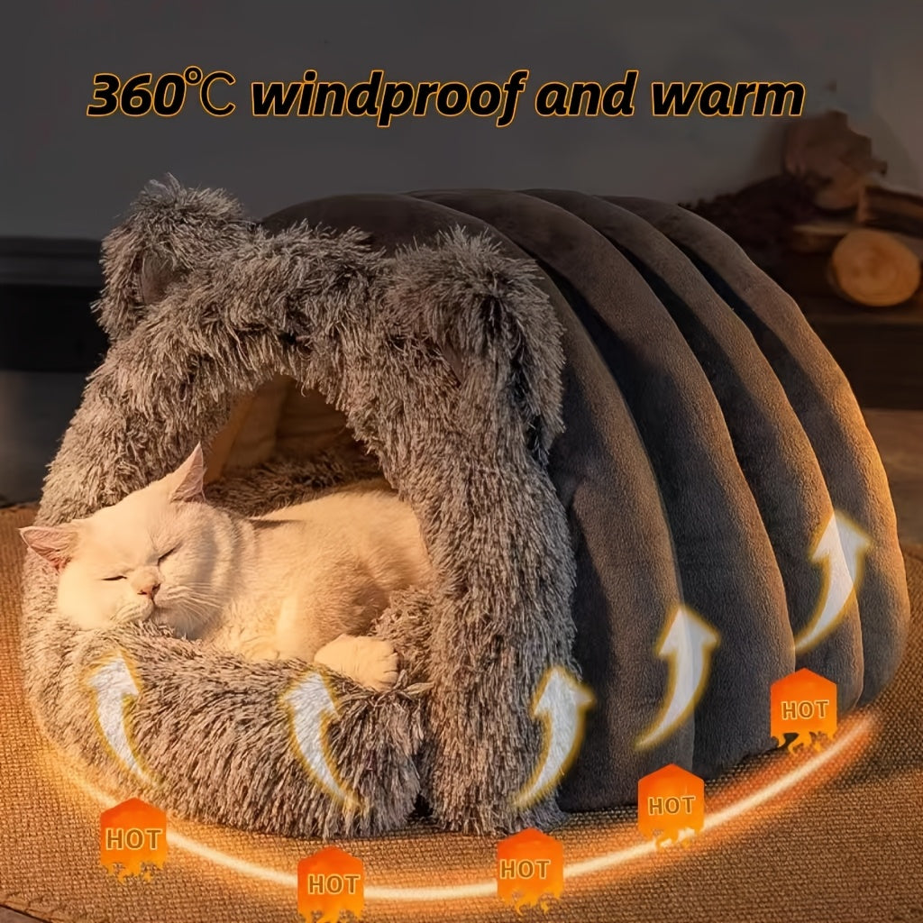 1pc Winter Warm Fleece Cat Cave, Polyester Fiber Plush Pet Bed, Cozy Indoor Hideaway for Small to Medium Cats and Dogs, Windproof 360° Thermal Comfort, Non-Assembled Cat House