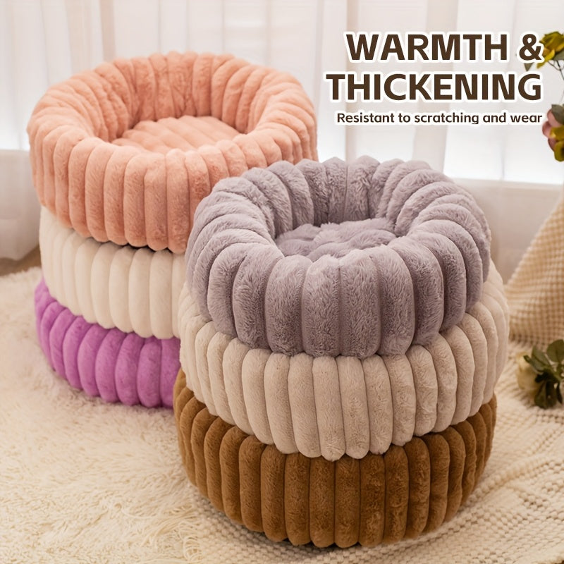 1Psc Circular Plush Pet Bed, High-Density Polypropylene, Striped Design, Warm Winter Dog Bed, Suitable for Super Small to Large Dogs, Comfortable Circular Cat Bed